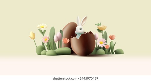 Happy Easter. Chocolate eggs and a rabbit in it, flowers, herbs 3D. Concept for advertising celebration, recreation. Vector