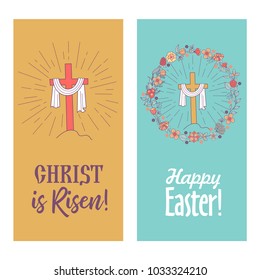 happy Easter! Christ is risen! Vector illustration, greeting card. The cross with the shroud framed by a floral wreath.