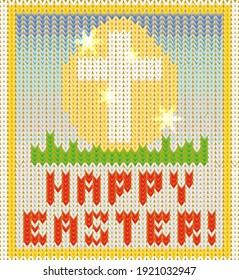 Happy Easter christian cross and easter egg knitted card , vector illustration