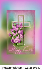 Happy Easter. Christian cross with flowers lilac. vector illustration	