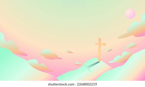 Happy easter. Christian easter scene, Saviour's cross on dramatic sunrise scene, gradient meshes for greeting card, background or cover