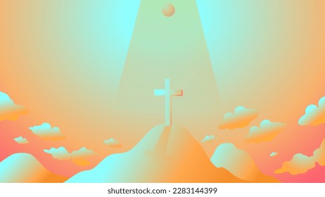 Feliz Pascua. Escena cristiana de Pascua, cruz de Salvador en dramática escena de amanecer, mallas gradientes para tarjeta de saludo, fondo o cubierta