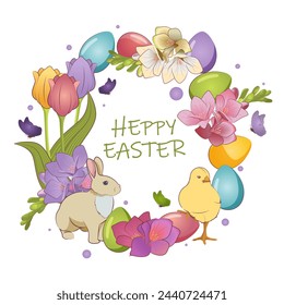 Happy Easter. A circle of flowers, colored eggs and other Easter symbols. Rabbit and chicken. There is a congratulatory text in the center. Vector image.