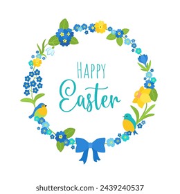 Happy Easter circle shape frame border. Cartoon design with spring motifs - flowers blossom, cute birds, daffodil. For greeting card, banner, poster, flyer, party invitation. Flat vector illustration.