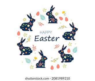 Happy Easter circle. Unusual greeting posters and banners. Silhouettes of rabbits on background of multicolored eggs. International holidays, folk style pattern. Cartoon flat vector illustration