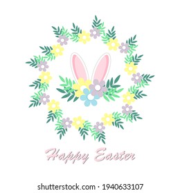 Happy easter circle wreath with simple colorful pastel flowers, leaves and rabbit ears.Cute holiday elements on white background.Vector illustration.For invitation,postcard,print,sticker,flyer,poster.