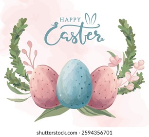 Happy Easter circular frame with colored eggs, spring plants, and flowers, festive decorative design for holiday greetings and seasonal celebrations
