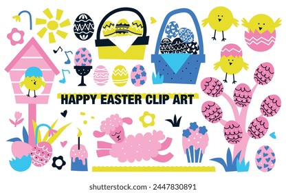 Happy Easter clip art: drawing of cupcake, Kulich cake with lit candle, baskets of eggs, chickens, sheep. Colorful Vector isolated on white. Design elements for print and greetings