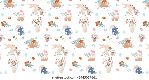 Happy Easter clip art. Pattern with cartoon characters in retro style. Easter bunny, flowers, basket with Easter eggs, vase, bouquet.