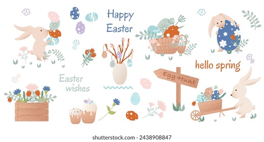 Feliz Pascua clip art. Conjunto de personajes de dibujos animados en estilo retro. Conejito de Pascua, flores, cesta con huevos de Pascua. Ilustración de vector