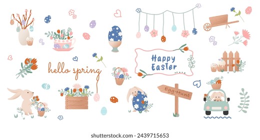 Happy Easter clip art. Set of cartoon characters in retro style. Easter bunny, car with bunny, flowers, basket with Easter eggs, garland, bouquet. Vector illustration