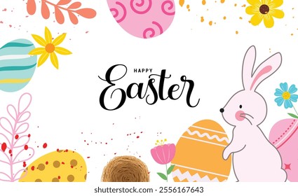 Happy easter clipart background design. Happy easter sunday wishes and greeting clip art with flat bunny, eggs and flowers drawing in colorful abstract. Vector illustration invitation card design. 
