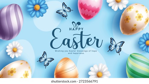 Happy Easter clipart border design. Happy Easter greeting and wishes text with printed and pattern Easter egg and chamomile flowers frame background clip art for holiday season banner card template vector illustration.

