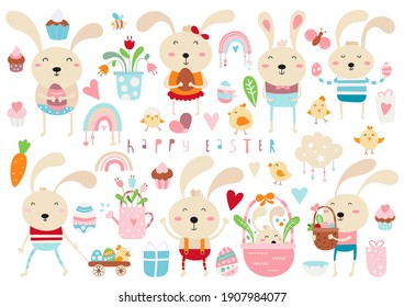 Feliz clipart de Pascua - conejo de Pascua, polluelo, huevos, pastelitos para el ánimo de primavera. Elementos del domingo de Pascua aislados en un fondo blanco. Ilustración vectorial.