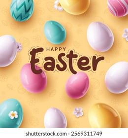 Happy easter clipart greeting card design. Happy easter greeting text clip art with colorful eggs and chamomile flowers in orange doodle background. Vector illustration easter sunday invitation card.
