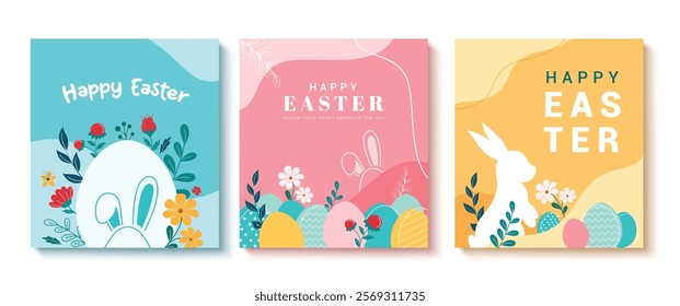 Happy easter clipart poster abstract background set. Easter sunday wishes clip art drawing collection with flowers, eggs and rabbit symbol elements in colorful decoration design. Vector illustration 