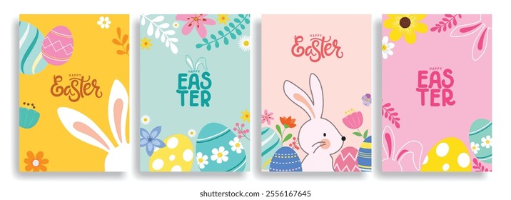 Happy easter clipart poster background set. Happy easter sunday wishes clip art collection with colorful abstract bunny, eggs and flowers decoration elements. Vector illustration greeting card design.