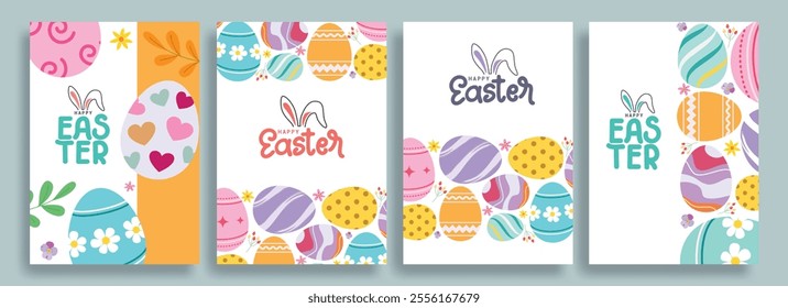 Happy easter clipart poster background. Happy easter sunday wishes clip art set with colorful abstract drawing eggs decoration elements for egg hunt celebration. Vector illustration season greeting 