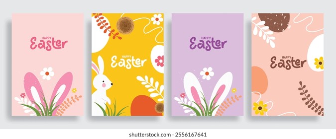 Happy easter clipart poster set. Happy easter sunday greeting card clip art collection with bunny, flowers and eggs drawing in abstract background. Vector illustration religious greeting cards design.