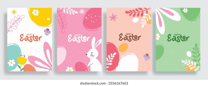 Happy easter clipart poster set. Easter sunday greeting card collection with bunny rabbit, eggs and flowers clip art drawing in abstract background. Vector illustration religious greeting cards design