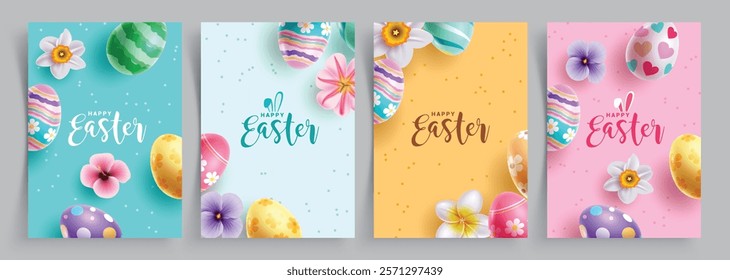 Happy easter clipart poster set. Easter egg greeting card with colorful eggs and flowers decoration clip art elements for holiday postcard template. Vector illustration kids hunt celebration. 
