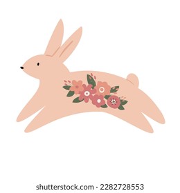 Happy Easter clipart set, Cute bunny rabbit illustration, Childrens egg hunts clip art, Individual elements, Spring vector images in flat cartoon style, Easter basket, chick, spring, flower.