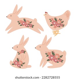 Happy Easter clipart set, Cute bunny rabbit illustration, Childrens egg hunts clip art, Individual elements, Spring vector images in flat cartoon style, Easter basket, chick, spring, flower.