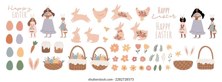 Happy Easter clipart set, Cute bunny rabbit illustration, Childrens egg hunts clip art, Individual elements, Spring vector images in flat cartoon style, Easter basket, chick, spring, flower.