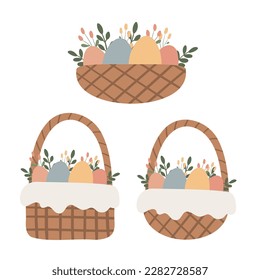 Happy Easter clipart set, Cute bunny rabbit illustration, Childrens egg hunts clip art, Individual elements, Spring vector images in flat cartoon style, Easter basket, chick, spring, flower.