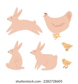 Happy Easter clipart set, Cute bunny rabbit illustration, Childrens egg hunts clip art, Individual elements, Spring vector images in flat cartoon style, Easter basket, chick, spring, flower.
