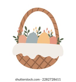 Happy Easter clipart set, Cute bunny rabbit illustration, Childrens egg hunts clip art, Individual elements, Spring vector images in flat cartoon style, Easter basket, chick, spring, flower.