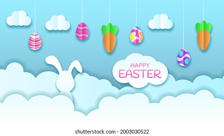 Happy Easter Clouds Eggs Hare Rabbit Bunny Greeting Background. Vector Design Banner Party Invitation Web Poster Flyer Stylish Brochure, Greeting Card Template