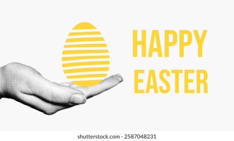 Happy Easter collage with hand and egg. Vector design 
