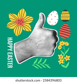 Happy Easter collage with hand, flowers and eggs. 