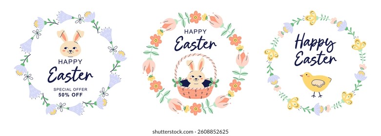 Happy Easter collection of 3 Round banners with hare, chicken and flower frame. Design with text for discount. Happy Easter hand drawn card. Flat illustration with partial outline. Vector illustration