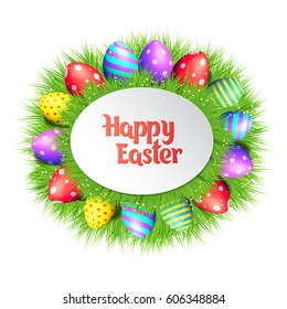 Happy Easter collection. Colorful eggs and grass frame on white background. Oval border. Realistic vector illustration