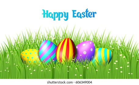 Happy Easter collection. Colorful eggs and grass on white background. Realistic vector illustration