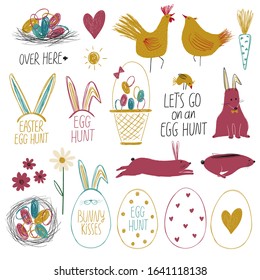 Happy Easter collection with colorful isolated funny elements - lettering, plants, birds, animals and eggs.