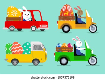 Happy Easter collection. Cute bunny in the car with eggs. Colorful vector set.