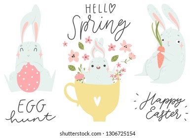 Happy Easter collection - cute bunny, eggs, leaves, lettering and flowers elements. Vector illustration