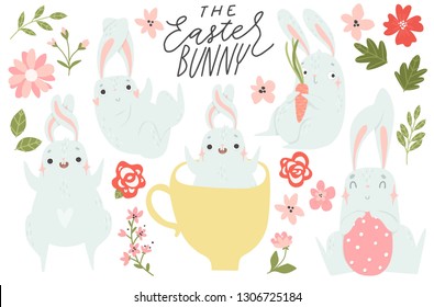 Happy Easter collection - cute bunny, eggs, leaves, lettering and flowers elements. Vector illustration