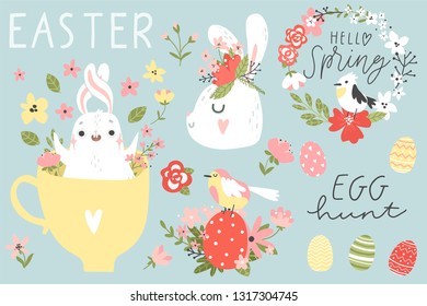 Happy Easter collection - cute bunny, eggs, birds, flowers elements and lettering. Isolated elements on backround. vector illustration