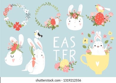 Happy Easter collection - cute bunny, eggs, birds, flowers elements and lettering. Isolated elements on backround. vector illustration