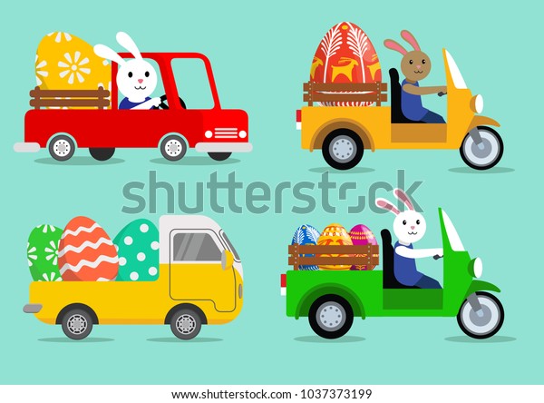 Happy Easter Collection Cute Bunny Car Stock Vector (Royalty Free ...