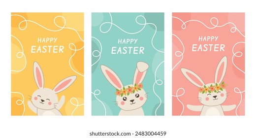 Happy Easter collection. Cute Easter cards or posters collection. Spring set of easter flat bunny. Vector illustration with rabbit.