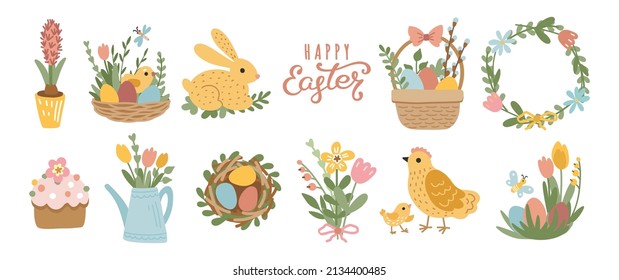 Happy Easter collection of cute illustrations, baskets with eggs, flowers, butterflies, bunny and chickens. Hand drawn elements. Vector set of flat easter symbols