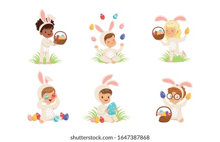 Happy Easter, Collection of Cute Little Boys and Girls Dressed in Bunny Costumes Sitting on the Grass with Colorful Easter Eggs Vector Illustration