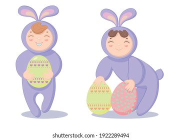 Happy Easter, Collection of Cute Little Kids Dressed in Bunny Costumes Playing with Colorful Easter Eggs Vector Illustration