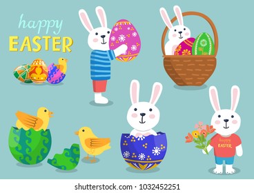 Happy Easter collection. Cute rabbits, chickens, eggs. Vector set. Flat.
