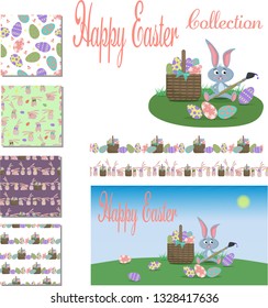 Happy Easter collection of the different elements for your design. Included four easter patterns, banner, two border and flat illustration.